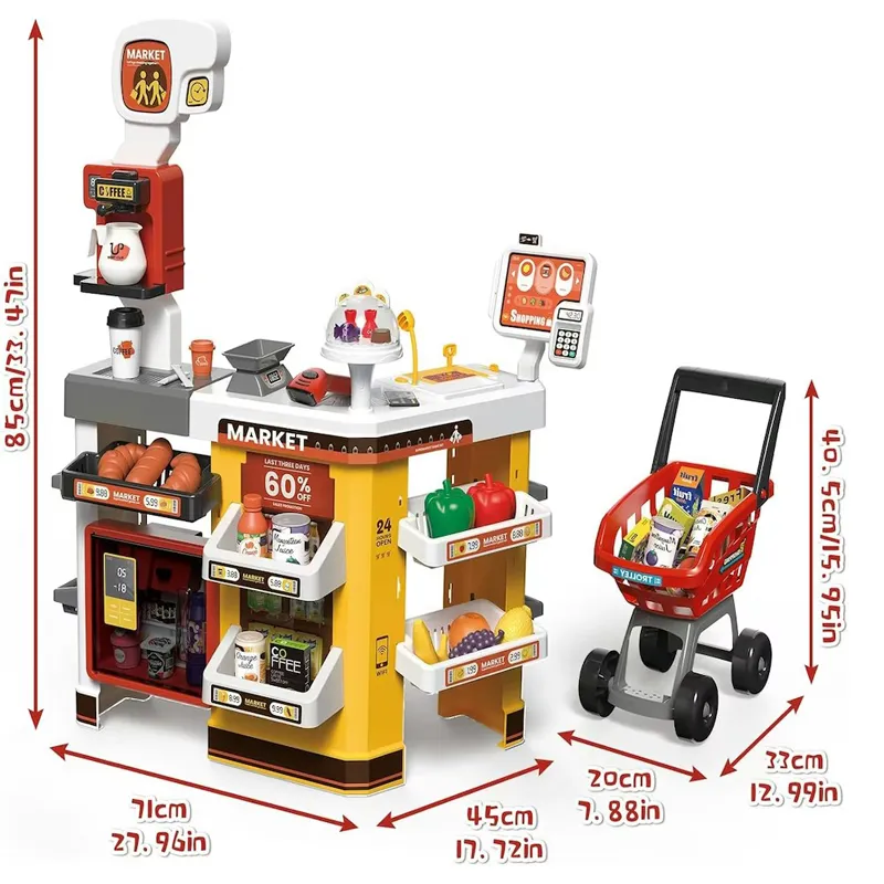 65PCS Supermarket Cart Toys Play Set Role Play Cash Register Pretend Interactive Grocery Stand Store Simulate Light Music and Smoking for Kids  (668-129)